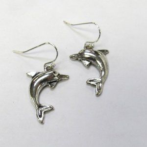 Silver Plated Dolphin Dangle Drop Pierced Earrings